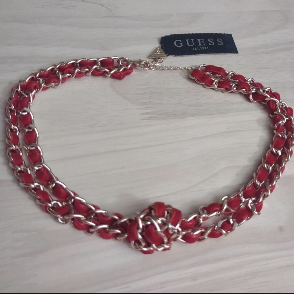 Guess Red Velvet Thread Gold Chain Double Strand Knot Necklace Y2K Bling